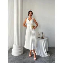 Alyosa Pileli V Yaka Midi Elbise