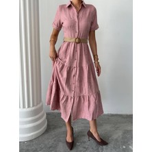 Sofya Keten Kemerli Midi Elbise