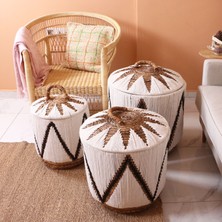 Mylamp Söke Beyaz Makrome ve Doğal Abaka - Kapaklı Sepet 52X50 cm