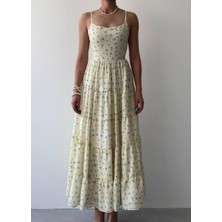 Mersi Ip Askılı Çiçek Detay Uzun Elbise