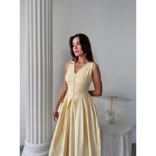 Dore Pileli Düğme Detay Midi Elbise	