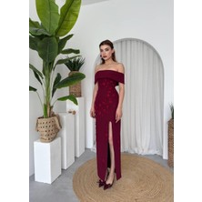 Cası Straplez Papatya Detay Uzun Atlas Elbise