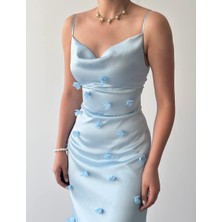 Kadın Tasarım Saten Askılı Çiçek Detay Elbise Sara