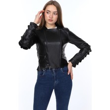 Hakiki Deri Siyah Fermuarlı New Kadın Ceket