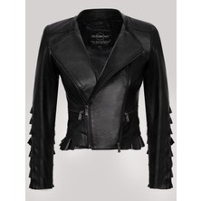 Hakiki Deri Siyah Fırfırlı Fermuarlı Kadın Deri Ceket