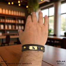14 Ayar Altın Plakalı Oğlak Burçları Için Oval Figürlü Doğal Siyah Derili Hediye BILEKLIK-564BURÇ