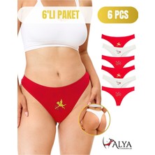 Alya Underwear Kadın Baskılı Tanga Külot, Kırmızı String, 6'lı Paket, L