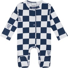 Antebies Organik Lacivert Beyaz No Bad Days Ekose Desenli Çıtçıtlı Uzun Kollu Erkek Bebek Patikli Tulum