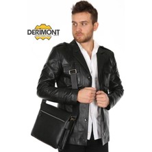 Hakiki Deri Siyah Gömlek Cep Düğmeli Erkek Deri Ceket