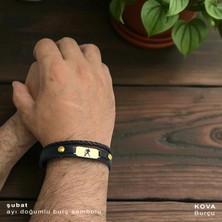 Altın Plakalı 14 Ayar Kova Burçları Için Hakiki Siyah Derili Oval Motifli Hediye BILEKLIK-563BURÇ
