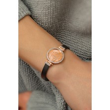 Papatya Silver Deri Kordonlu Zirkon Halka Tuğra Bileklik Rose Altın Kaplama 925 Ayar Gümüş