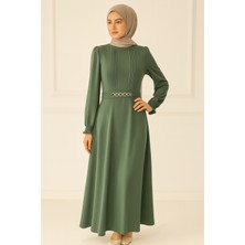 63097 Sıfır Yaka Göğsü Pileli Kol Ucu Lastikli Krep Elbise #04-25#