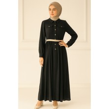 63100 Önü Yarım Düğmeli Kol Ucu Manşetli Beli Kemeri Hasır Detaylı Keten Elbise #04-25#