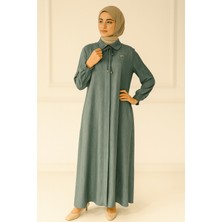 55006 Önden Gizli Düğmeli Kol Ucu Lastikli A Kesim Krep Kumaş Ferace #04-25#