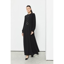 63080 Sıfır Yaka Beli Kemerli Önü Taşlı Krep Elbise #04-25#