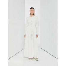 63094 Önü Inci Detaylı Beli Bağlamalı Kol Ucu Tüylü Keten Elbise #04-25#