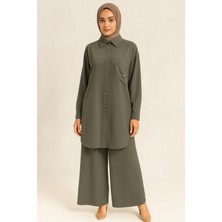 56123 Önü Düğmeli Gömlek Yaka Cebi Zincirli Kol Ucu Manşetli Krep Takım #04-25#