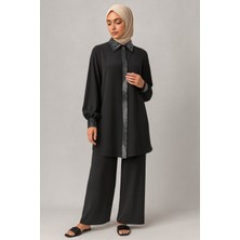 56142 Önü Gizli Düğmeli Kol Ucu, Önü ve Yakası Taşlı Pantolonun Beli Tam Lastikli Geniş Paça Şık Ikili Takım #05-25#