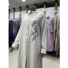 25202 Önü Düğmeli Göğsü Taş ve Motif Detaylı Kol Ucu Katlamalı  Uzun Spor Tunik #02-25#