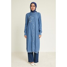 61072 Tunik Göüsü Nakış Detaylı Altı  Saçaklı Önden Düğmeli Tunik Qys Tunik #24-05#