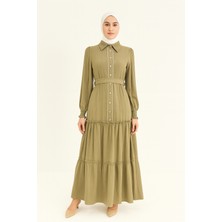 63089 Önü Inci Düğmeli Gömlek Yaka Kol Ucu Lastikli Alt Kısım Fırfır Detaylı Keten Elbise #04-25#