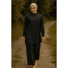 56066 Önü Düğmeli Güpür Detaylı Kol Ucu Manşetli Gömlek Yaka Beli Yarım Lastikli Çift Düğmeli Ikili Takım #06-25#