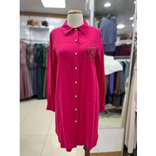 61035 Önü Boncuk Düğmeli Göğüsü Çiçek Desenli Oversize Pamuklu Gömlek #04-25#