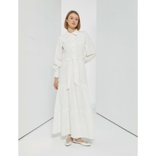 63089 Önü Inci Düğmeli Gömlek Yaka Kol Ucu Lastikli Alt Kısım Fırfır Detaylı Keten Elbise #04-25#