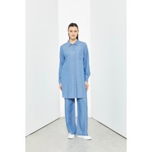 56047 Önden Düğmeli Gömlek Yaka Tek Cepli Pantolonun Beli Lastikli Spor Tansel Takım #03-25#