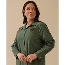 4002 Önü Boydan Düğmeli Kolu Manşetli Önü Taş Armalı Günlük Elbise #03-25#