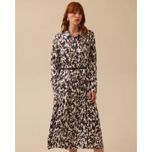 10008 Gömlek Yaka Önü Düğmeli Yanları Cepli Kolları Manşetli Desenli Şifon Elbise #03-25#