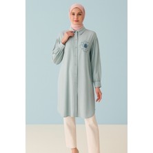 61035 Önü Boncuk Düğmeli Göğüsü Çiçek Desenli Oversize Pamuklu Gömlek #04-25#