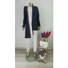 3104 Önü Şerit Taş Detaylı Asimetrik Kesim Beli Bağlamlaı Pantolon Beli Yarım Lastikli 3 Lü Takım Qys Takım 3104 #2032-083