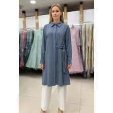 25210 Önü Gizli Düğmeli Yandan Taş Detaylı ve Bağlamalı Şık Gömlek Tunik #05-25#