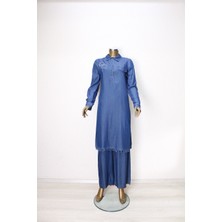 61041TUNİK  Önü Düğmeli Altı Saçaklı Yaprak Motifli Gömlek Kot Qys Tunik #24-04#