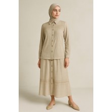 56173 Önden Düğmeli Göğsü Dantel Detaylı Eteğin Beli Lastikli Keten Etekli Takım #04-25#