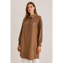 61035 Önü Boncuk Düğmeli Göğüsü Çiçek Desenli Oversize Pamuklu Gömlek #04-25#