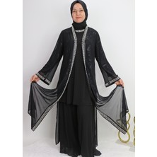 40993 Iç Bluz Kısa Sandy Kumaş Yakası Boncuk Detaylı Üzerindeki Sifon Tülü Harf Baskılı Kenarı ve Kol Ucu Boncuk Detaylı Yırtmaçlı Şık Takım