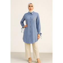 61052 Önü Çift Düğmeli Kol Ucu Lastikli Taş Desenli Tunik #04-25#