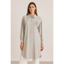 61035 Önü Boncuk Düğmeli Göğüsü Çiçek Desenli Oversize Pamuklu Gömlek #04-25#