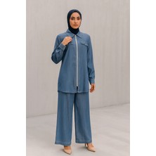 56042 Önü Fermuarlı Cep Görünümlü Gömlek Yaka Kol Ucu Manşetli Beli Lastikli Tansel Ikili Takım #06-25#