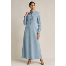 63014 Önden Yarım Düğmeli Çift Cepli A Kesim Kot Elbise #03-25#