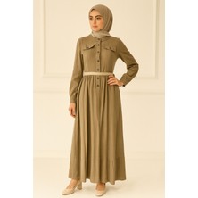 63100 Önü Yarım Düğmeli Kol Ucu Manşetli Beli Kemeri Hasır Detaylı Keten Elbise #04-25#