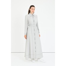 63029 Gömlek Yaka Boydan Düğmeli Kolları Manşetli Beli Bağlamalı Dikiş Görünümlü Elbise #03-25#