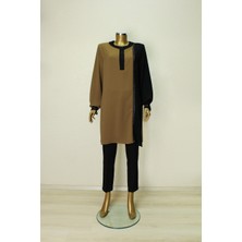 61131 Önden Yarım Düğmei 2 Renkli Önü ve Kol Ucu Taş Detaylı Rahat Kesim Tunik Qys Tunik 61131 #23-06#