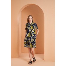 Pjs Kadın Çiçek Desenli Düğmeli Yaka Kısa Kol Viskon Elbise