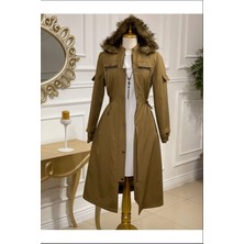 4220 Kaban  Yakası Kürk Beli Bağlama Detaylı Trenç Mont Qks   Trenç Kaban