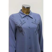 1547 Önden Düğmeli Göğsü Taş Işlemeli Uzun Tunik Qys Tunik #24-03#