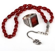 925 Ayar Gümüş Kırmızı Akik Taşlı Erkek Yüzük ve Tesbih