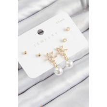 Pirinç Zirkon Taşlı Inci Sallantılı Çiçek Model Gümüş Renk 925 Ayar Gümüş Çivi Kadın Küpe Set